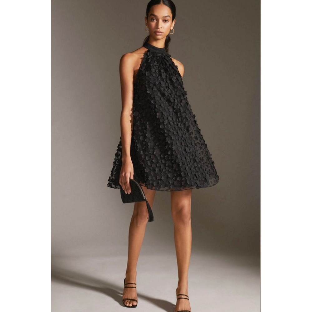 Anthropologie Eva Franco 3D Floral Applique Halter Mini Dress Womens 2 Black